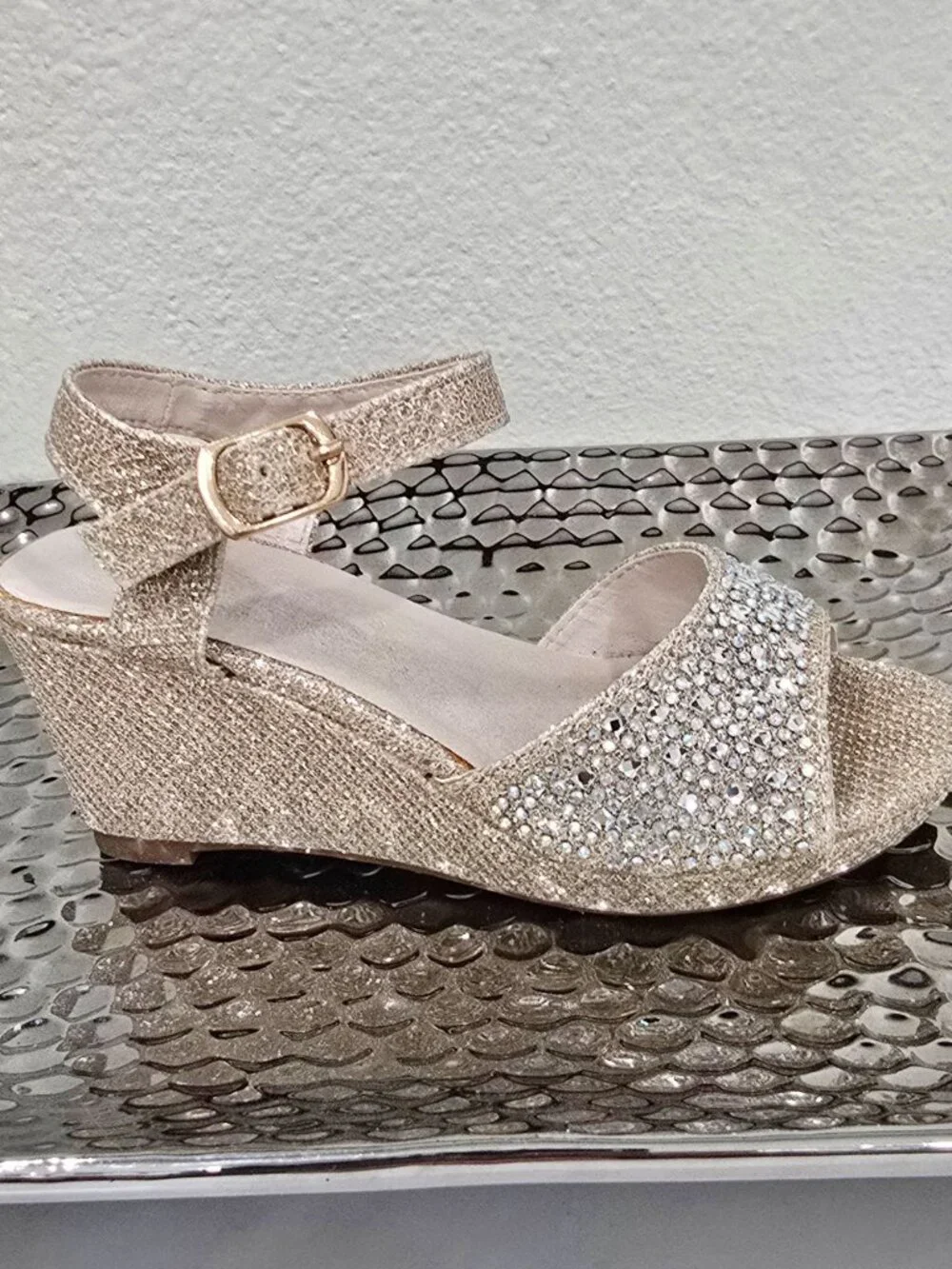 David’s Bridal ✦ Gold Glitter Wedge Sandal ✦ Rhinestones Adjustable Strap Heel 9